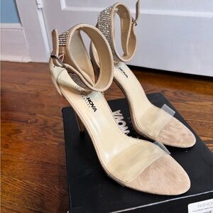 Fashion Nova Tan Heeled Sandals with Rhinestones